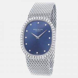 Pre Owned Patek Philippe Golden Ellipse 3748/009 Manual Winding Blue Dial 18k White Gold Diamond Women's Wristwatch 29 mm