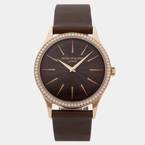 مملوكة مسبقًا Pre-Owned Patek Philippe Calatrava 4897R-001 Brown Manual Winding 18k Rose Gold Women's Wristwatch 33 mm