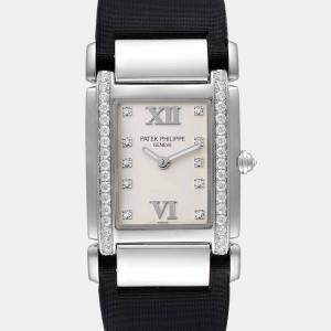 Patek Philippe Silver Diamond 18k White Gold Twenty-4 4920R Women's Wristwatch 25 mm