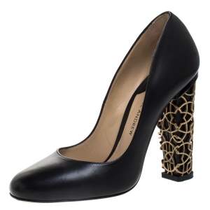 Paul Andrew Black Leather Bursa Arabesque Block Heel Pumps Size 37