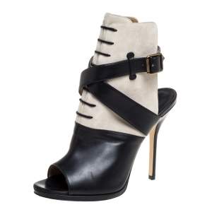 Paul Andrew Black Leather And Suede Criss Cross Open Toe Ankle Strap Booties Size 38