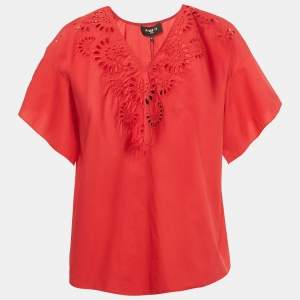 Pre Owned Paule Ka Red Embroidered Cotton Blouse L