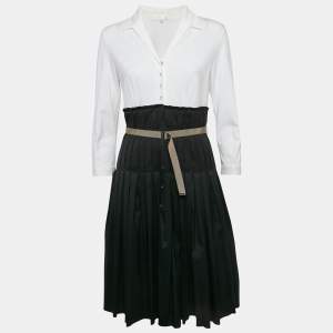 Paule Ka Black & White Cotton Pleated Detail Midi Dress M
