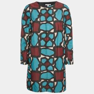 Paule Ka Blue Abstract Print Crepe Round Neck Coat L