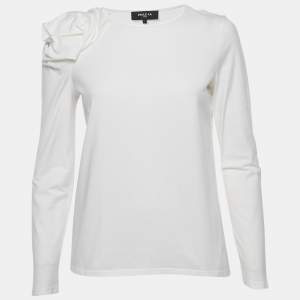 Pre Owned Paule Ka White Jersey Puff Sleeve Top L
