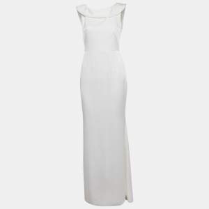 Pre Owned Paule Ka White Crepe Frill Neck Detail Maxi Dress M