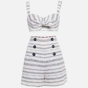 مملوكة مسبقًا Paule Ka White/Blue Embroidered Stripe Cotton Top & Shorts Set L/M