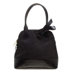 Paule Ka Black Croc Embossed Leather and Woven Straw Bow Satchel