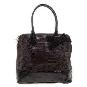 Paule Ka Brown/Black Croc Embossed Leather Bow Tote