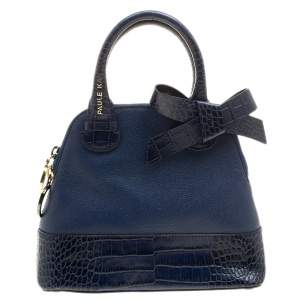 Paule Ka Blue Leather and Croc Embossed Leather Bow Tote