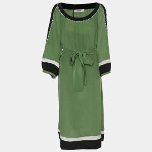 Pre Owned Persona Green/Black Silk Whip Stitch Detail Midi Dress L