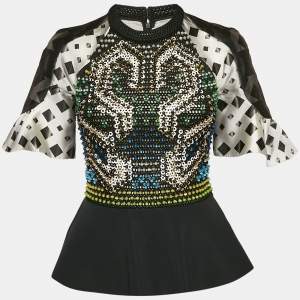 Peter Pilotto Black Crepe and Knit Embellished Peplum Top M