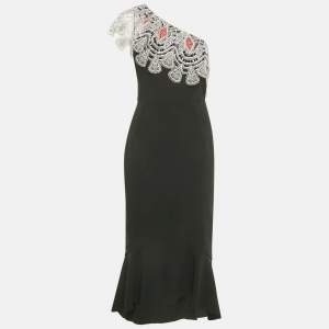 Pre Owned Peter Pilotto Black Crepe Lace Overlay One Shoulder Midi Dress L