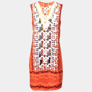 فستان قصير بيتر بيلوتو كريب بطبعة رقمية برتقالي بلا أكمام مقاس متوسط - ميديوم