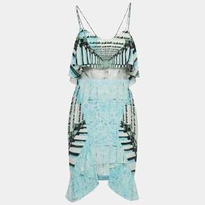 Peter Pilotto Blue Printed Silk Waist Detailed Lace Mini Dress S