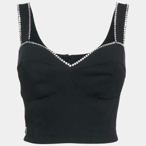 Philip Stein Black Rhinestone Embellished Crepe Bustier Top S