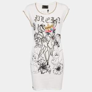 Philipp Plein Couture White Deer Embellished Cotton Mini Dress L
