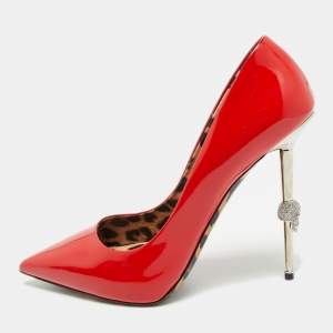 Pre Owned Philipp Plein Skull Heel Size 39 Red Patent Leather Pointed Toe Pumps