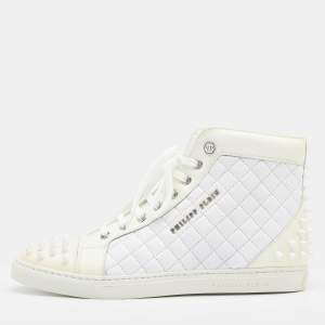 Philipp Plein White/Cream Quilted Leather Sugar Spiked High Top Sneakers Size 38.5