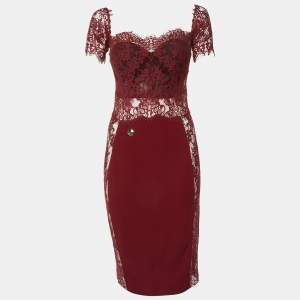 Philipp Plein Deep Red Lace Off Shoulder Midi Dress M