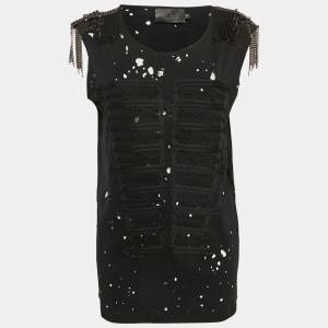 Philipp Plein Couture Black Shoulders Embellished Distressed Top XS