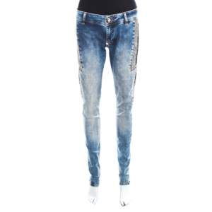 Philipp Plein Indigo Crystal and Lace Detail Distressed Strawberry Cheesecake Slim Fit Jeans M