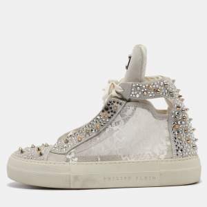 Philipp Plein Grey Lace and Suede High Top Sneakers Size 39