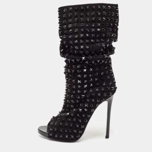 Philipp Plein Black Suede Peep Toe Superstudd Embellished Mid Calf Boots Size 38.5