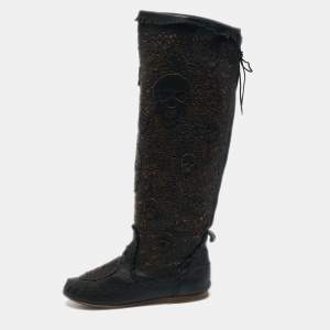 Philipp Plein Black Leather Lasercut Skull Mid Calf Boots Size 37