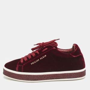 Pre Owned Philipp Plein Burgundy Velvet Crystal Embellished Low Top Sneakers Size 38