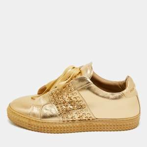 Philipp Plein Gold Leather Spike Studded Sneakers Size 38