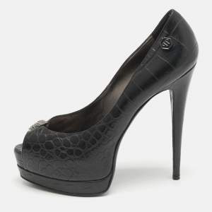 Philipp Plein Black Croc Embossed Leather Skull Peep Toe Platform Pumps Size 38