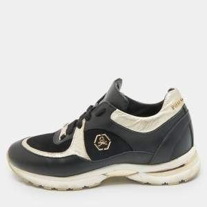 Philipp Plein Black/Gold Leather and Suede Low Top Sneakers Size 38