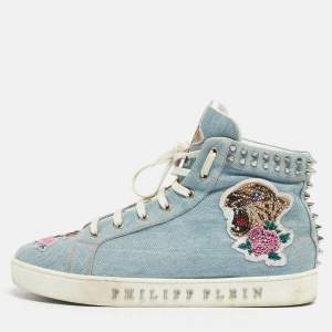 Pre Owned Philipp Plein Blue Denim Studded High Top Sneakers Size 40