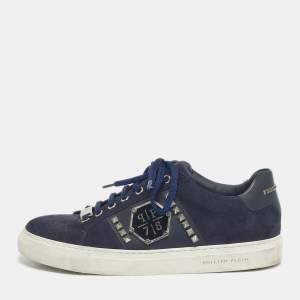 Pre Owned Philipp Plein Navy Blue Leather and Suede Stud Embellished  Lace Up Sneakers Size 40