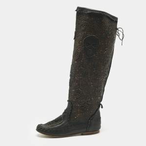 Pre Owned Philipp Plein Black Leather Laser Cut  Skull Mid Calf Boots Size 37