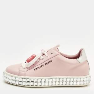 Pre Owned Philipp Plein Pink/Silver Leather and Patent Leather Crystal Platform Lace Up Sneakers Size 36