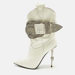 Pre Owned Philipp Plein White Patent Leather Crystal Embellished Cow Boots Size 38.5