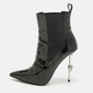 Pre Owned Philipp Plein Black Patent Leather Skull Ankle Length Boots Size 39