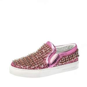 Pre Owned Phillip Plein Pink Leather and Glitter Spike Gall Slip On Sneakers Size 37
