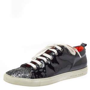 Pre Owned Philipp Plein Black Patent Leather Skull Glittered Cap Toe Low Top Sneakers Size 40.5