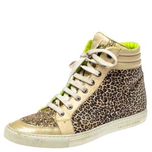 Pre Owned Philipp Plein Animal Print Suede And Python Trim Jungle Glitter High Top Sneakers Size 40.5
