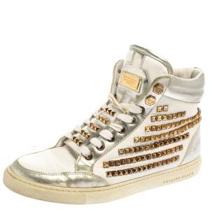 Pre Owned Philipp Plein White Leather Studded High Top Sneakers Size 39.5