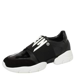 Pre Owned Philipp Plein Black Leather and Suede Logo Strap Slip On Sneakers Size 39