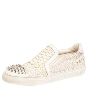 Philipp Plein Cream Python Embossed Leather Spike Slip On Sneakers Size 42.5