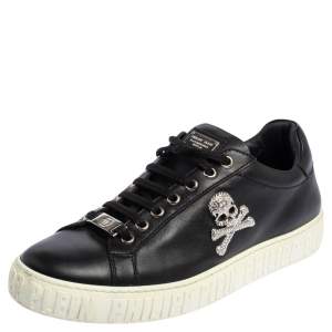 Pre Owned Phillip Plein Black Leather Skull Embellished Low Top Sneakers Size 40