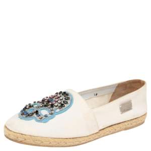 Pre Owned Philipp Plein Cream Canvas Crystal Embellished Skull Espadrille Flats Size 38