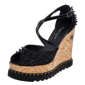 Pre Owned Philipp Plein Black Suede And Patent Leather Spiked Crystal Embellished Cork Platform Wedge Sandals Size 38.5