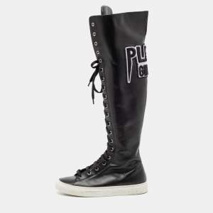 Philipp Plein Black Leather Knee High Embroidered Sneaker Boots Size 37