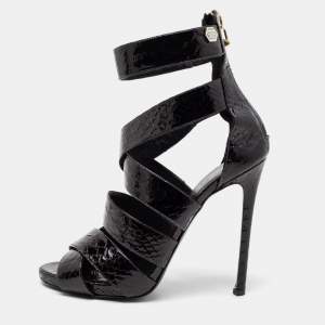 Philipp Plein Black Python Embossed Leather Strappy Sandals Size 38